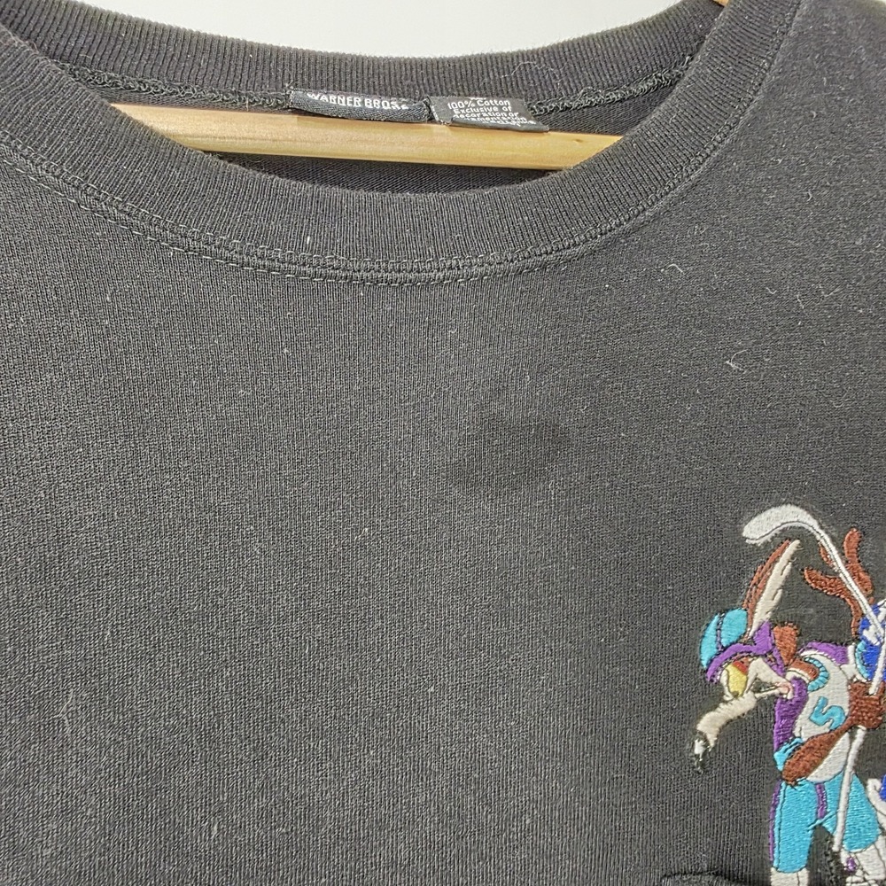 VTG 90s Looney Tunes Sports Hockey Embroidered Black Pocket Shirt Warner Bros XL - Picture 4 of 12